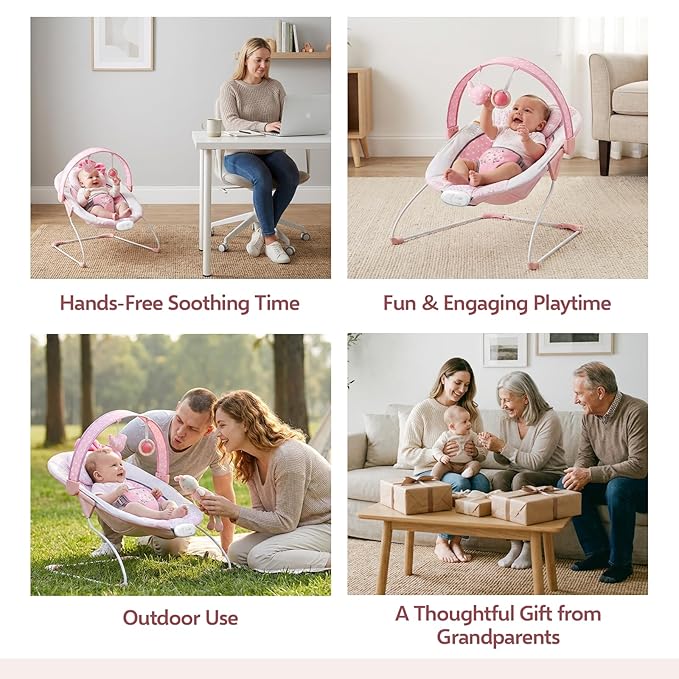 Baby Bouncer, Portable Infant Bouncer, Adjustable and Foldable Baby Rocker with Vibrations,Baby Bouncer Seat for Baby 0-6 Months 6-20 lbs Indoor & Outdoor Use
