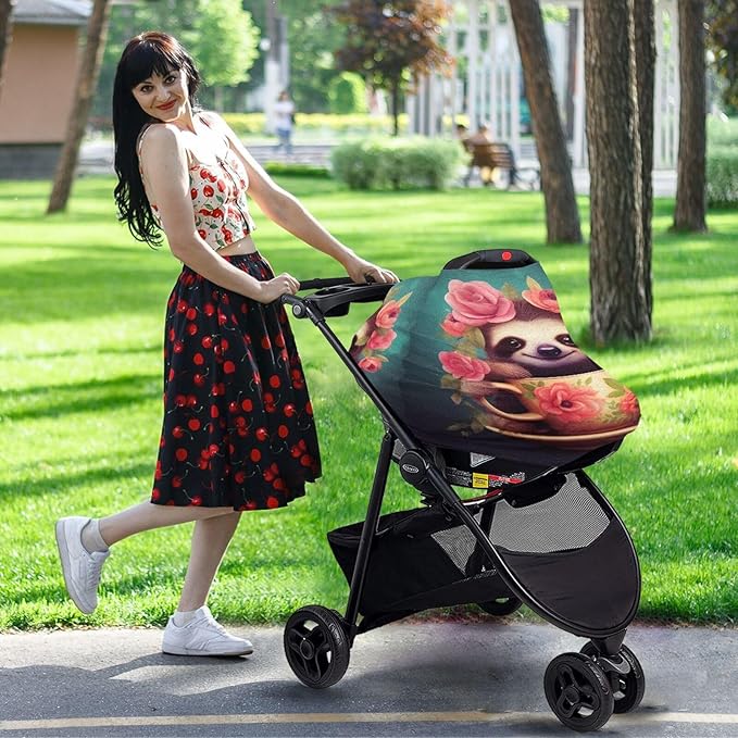 Baby Car Seat Covers Cute Sloth Stretchy Breastfeeding Scarf Breathable Infant Carseat Canopy Nursing Covers Multi Use for Stroller High Chair Shopping Cart Boys and Girls