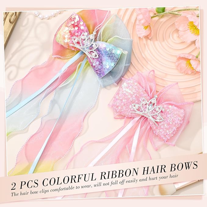 2 Pcs Princess Hair Bows for Girls, Colorful Ribbon Hair Clips Alligator Clips Daughter Valentines Day Gifts