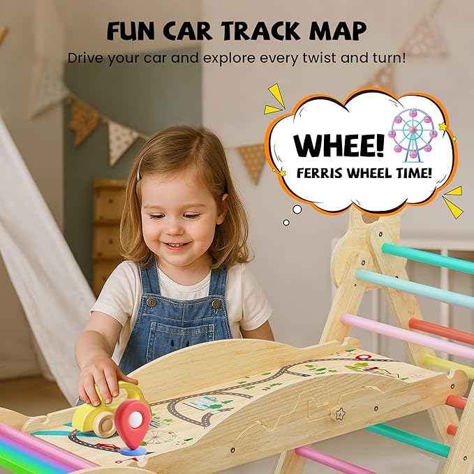 Pikler Triangle Climbing Set with Cushion, Foldable Climbing Toys Indoor, Montessori Toddler Gym, 10-in-1 Climber & Playground, Gift for Christmas, Birthday, New Year (Rainbow Valley)