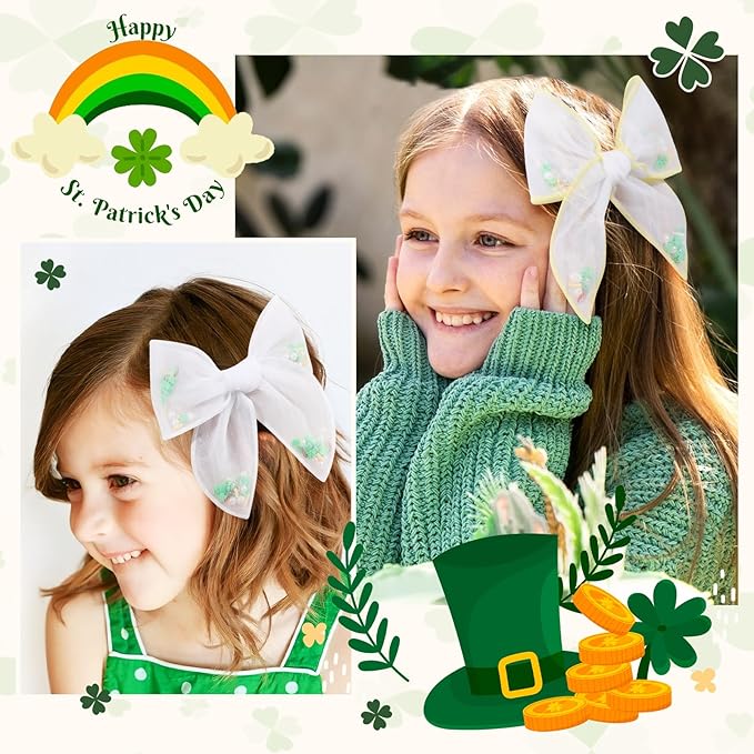 CN 6 PCS St.Patrick day Tulle Hair Bows for Girls, Toddler Bows with Glitter Star Alligator