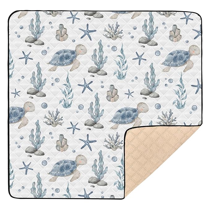 Baby Play Mat Sea Turtle Seashell Starfish 50" X 50" Play Gym Crawling Mat Soft Non-Slip Portable Picnic Floor Mat for Infant, Babies, Toddler, Kids