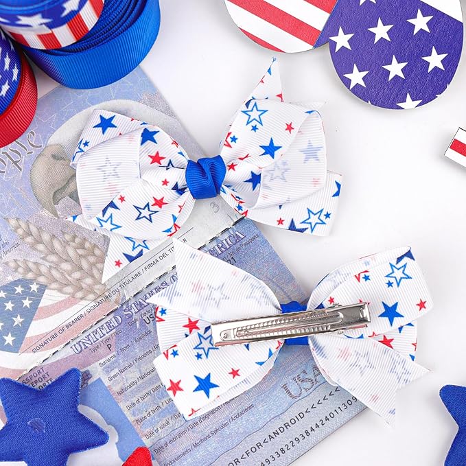 YanJie 2pcs 4th of July Hair Clips 4'' Blue Bow Stars Baby Girls Clips American Flag Hair Bow Patriotic Hairgrips Hair Accessories Independence