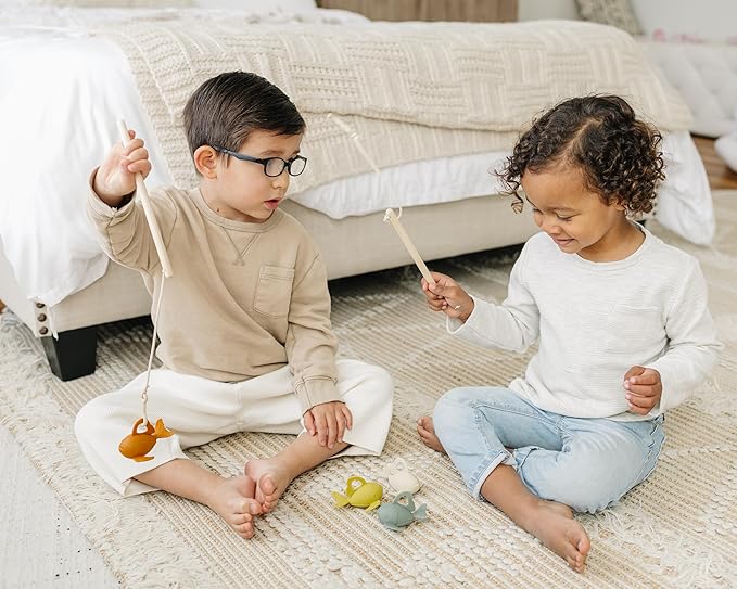 Marlowe & Co Silicone and Wooden Fishing Playset, Montessori Fine Motor Skills Fish Game for Children with Storage Bag