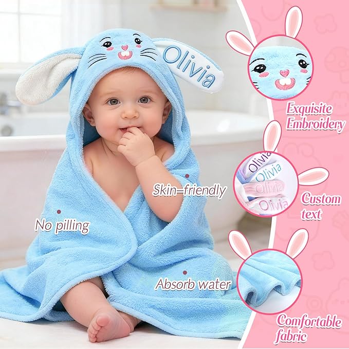 Custom Hooded Bath Towel with Name, Personalized Highly Absorbent Bunny Towels, Baby Bath Towels for Girls Boys, Easter Brithday Shower Gifts for Baby, Toddler, Newborn (Blue)