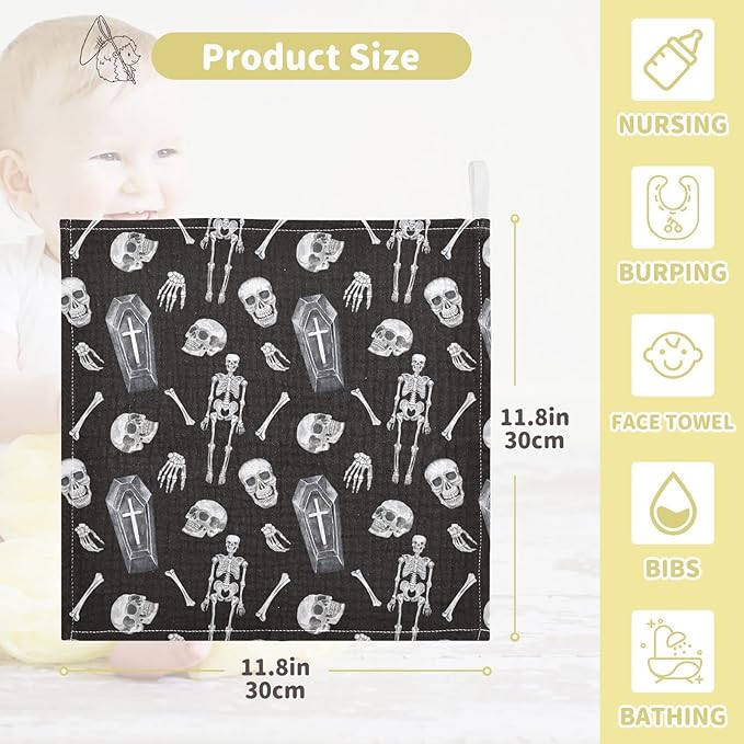 vvfelixl Baby Washcloths Cotton Creepy Skull Baby Muslin Washcloths Soft Baby Face Towel for Newborn Infants, 11.8 X 11.8 Inch, 3 Pack Black