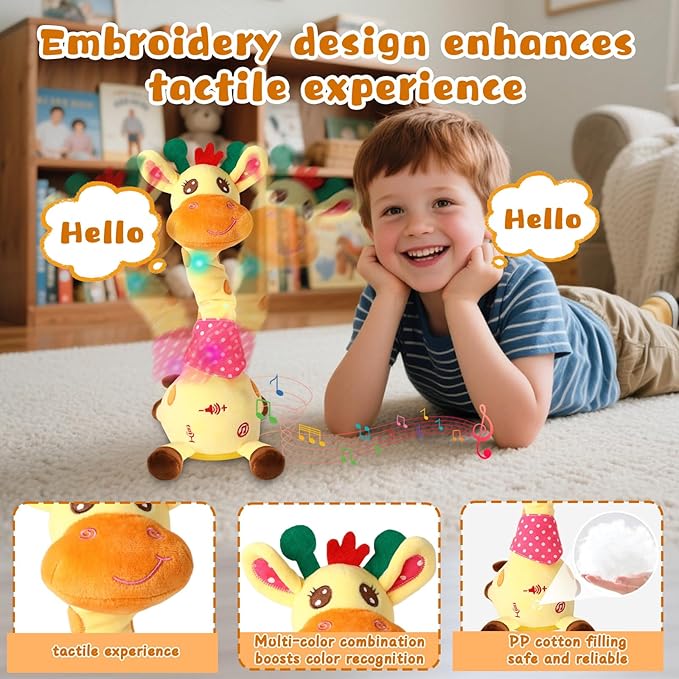 JISONCASE Talking Dancing Giraffe Baby Toy, Adjustable Volume Tummy Time Toy Repeating What You Say, Singing Mimicking Recording Sensory Education Gifts for Toddlers Boy Girls