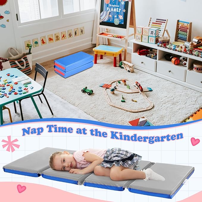 Marsui Folding Kids Nap Mats for Preschool Daycare 4 Section Folding Rest Mats Daycare Sleeping Mat for Kid 2 Inch Thick Portable Resting Floor Sleep Mat Baby Changing Pad for Kindergarten(Blue,Gray)