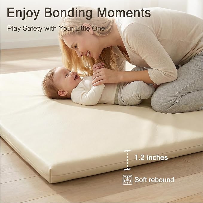 Vegan Leather Baby Play Mat, 48x48 Thicken Foam Play Mat for Infants and Toddlers, Padded & Cushioned Playpen Mat for 48x48 Playpens, 1.2" Thick, Cream