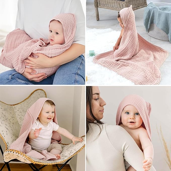 Cinaci 1pc Soft & Absorbent 100% Muslin Cotton Baby Hooded Bath Towel for Baby Girls Boys Newborns Infants Toddlers Kids (Pink)