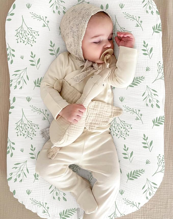 Muslin Baby Lounger Cover 2 Pack, Soft Breathable Newborn Lounger Pillow Cover for Boys Girls Infant (Leaf C & Sage)