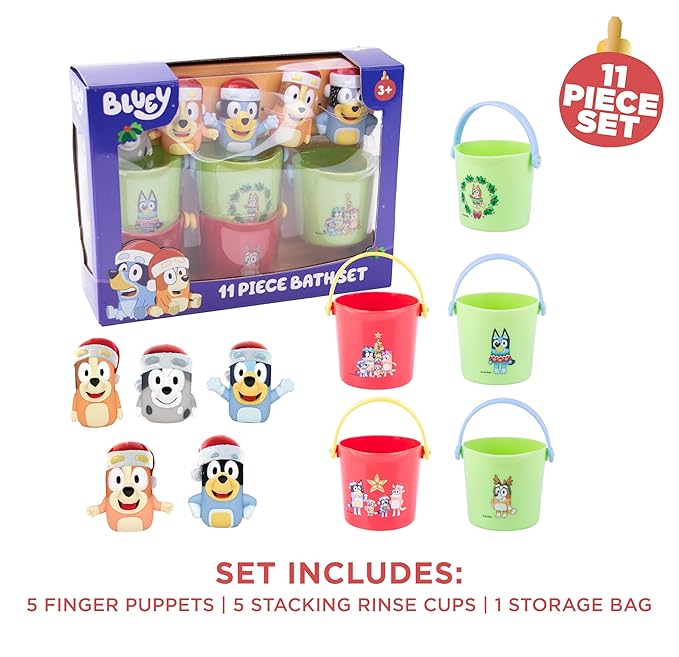 Bluey Holiday Bath Toys - 11 pc Bath Value Set, Bath Toys, Finger Puppets, Rinse Cups, Foam Pump, Bath squirters