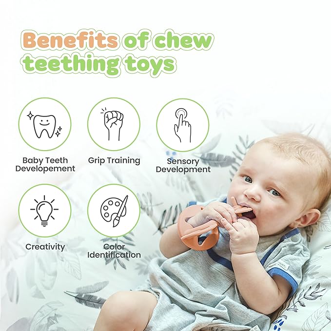 MOYUUM Wrist Teether Gift Set 100% Silicone, Wearable Type Baby Chew Toy Baby Gift for Newborn, Roly Poly Toy, Silicone Teething Toys for Infant and Toddler, Bracelet Type (Bird Orange, Pony Yellow)
