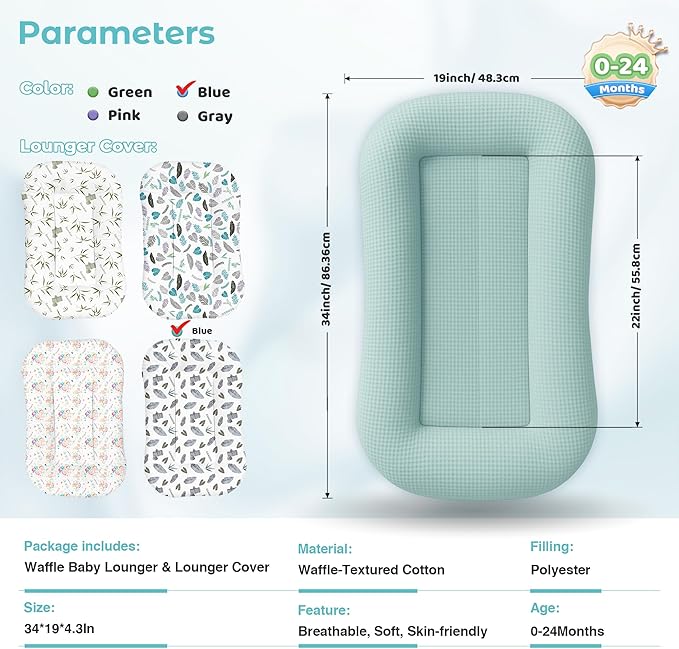 Baby Lounger for Newborn - Infant Lounger 0-24 Months with Lounger Cover, Adjustable Baby Nest Lounger, Breathable Fabric & 3D Support Newborn Lounger, Portable Newborn Essentials, Blue