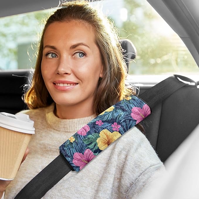 2Pcs Seat Belt Cover Pad Colorful Tropical Flowers Blue Leaves Seatbelt Pad Comfortable Shoulder Strap Cushion for Adults Kids Women Men