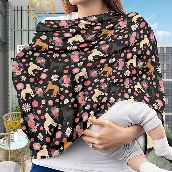 AFPANQZ Dog Flower Print Nursing Covers for Newborns Baby Car Seat Covers for Baby Girls, All Season Baby Carseat Canopy Cover Ups Breastfeeding Scarves Breathable Baby Shower Scarf