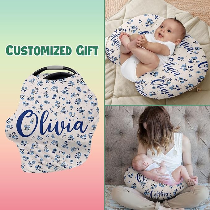 Custom Name Car Seat Canopy - Baby Car Seat Covers, Infant Stroller Cover, Carseat Canopy Christmas Birthday Gifts for Girls and Boys Blue Flower Printing