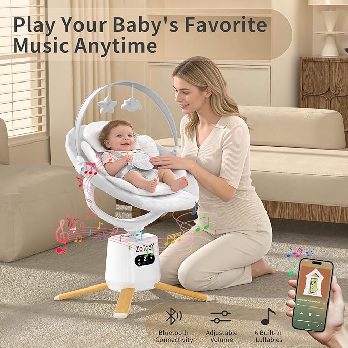 Zoicay Baby Swing with 9 Modes & 8 Speeds, Electric 3D-Motion Baby Swings for Infants, 360° Rotating Seat, APP & Remote Control, 6 Preset Lullabies, Portable Infant Swing for Indoor and Outdoor(White)