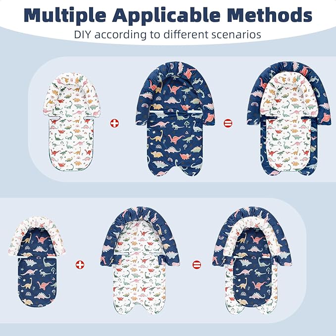 Baby Car Seat Head Support & Strap Covers, Upgraded 2-in-1 Infant Car Seat Insert Cushion for Newborn Girls, Perfect for Carseat, Stroller, Swing, Extra Soft, Dinosaur