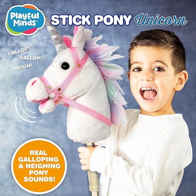 Playful Minds Stick Horse | Plush Handcrafted Hobby Horse Stick Pony Provides Fun Pretend Play for Toddlers & Preschoolers | Handsewn, Sturdy Wood, and Sound Effects (Unicorn)