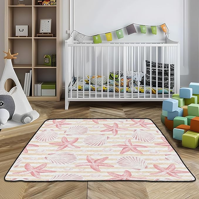 Baby Play Mat Vintage Seashells and Starfish 50 x 50 Playpen Mat Baby Play Mats for Floor Play Gym Crawling Mat Non-Slip Cushioned Baby Playmat for Infants, Babies, Toddlers