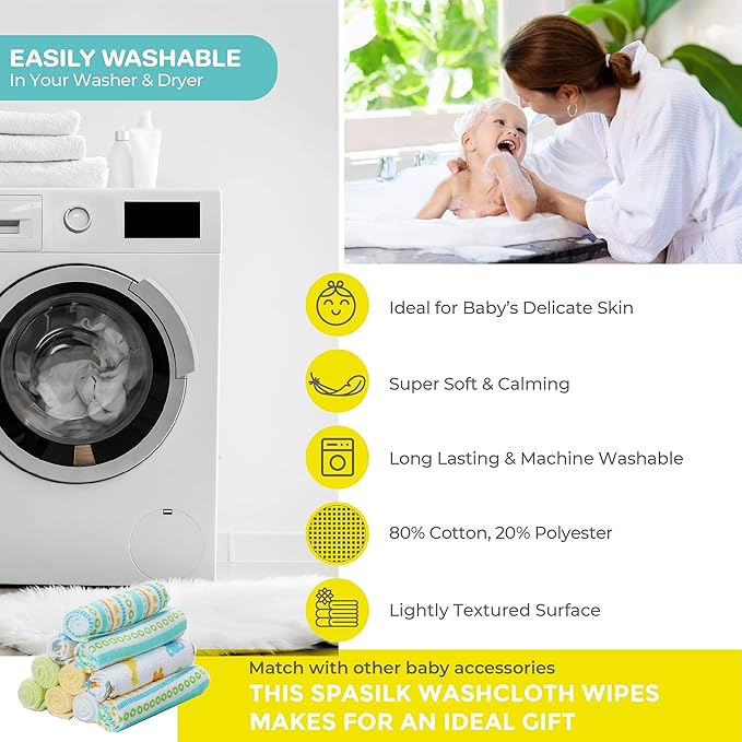 Spasilk Baby Washcloth Wipes Set for Newborn Boys and Girls, Soft Terry Washcloth Set, Pack of 20, Yellow Lines