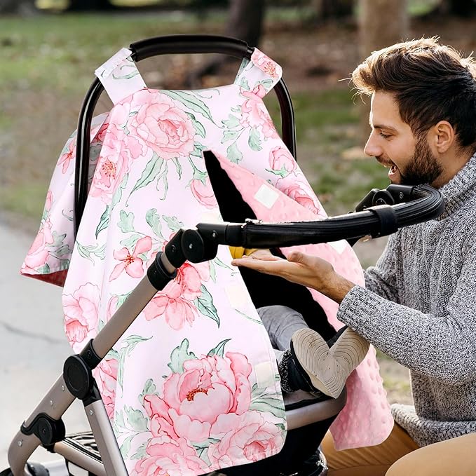 DILIMI Car Seat Cover Baby Girl, Minky Warm Winter Car Seat Covers for Babies, Peekaboo Opening Infant Car Seat Cover, Nursing Cover Carseat Canopy, Pink Flower