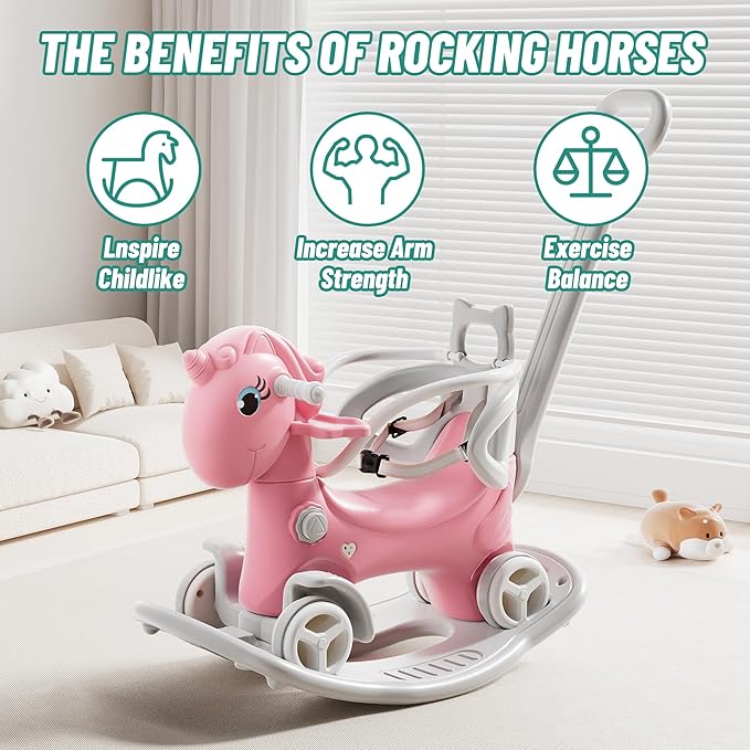 Leavader Rocking Horse for Toddlers, Multifunctional 4 in 1 Design Kids Rocking Horse, Toddler Ride on Toys, Balance Bike, Push Cart with Detachable Board, Ideal Gift for Children (Pink - XL)