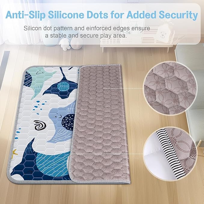 Omzer Baby Play Mat, 50x50 Inch Thick & Soft Cushioned Playmat for Playpen, Non-Slip Floor Mat for Crawling Infants & Toddlers with Safety Silicone Backing, Machine Washable - Blue