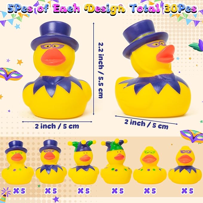 Haooryx Mardi Gras Rubber Duck Toy -30Pcs Novelty Squeeze Yellow Duck Bulk Assorted Cute Duckies Bath Toy Bathtub Decoration for Baby Shower Birthday Gift Carnival Party Favor Goodie Bag Filler Supply