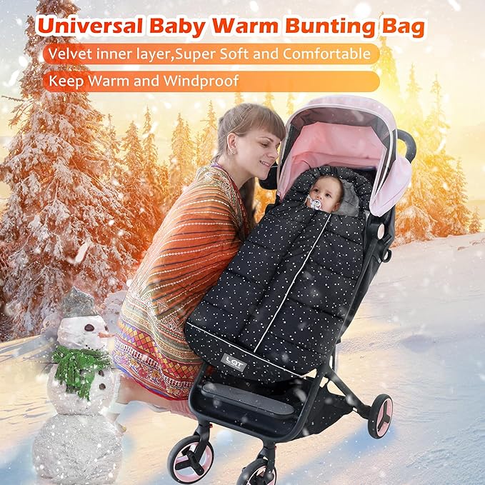 LAT Baby Warm Bunting Bag Universal,Stroller Sleeping Bag Cold Weather,Waterproof Toddler Footmuff(Basic,Black+White Stars)