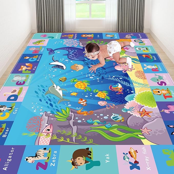 Baby Mat for Floor, Sea Animal Play Rug, ABC Kids Rugs for Playroom, Ocean Playmat Crawling Tummy Time Mat, Non-Toxic Non-Slip Foldable Mats (110.2X78.7 INCH)