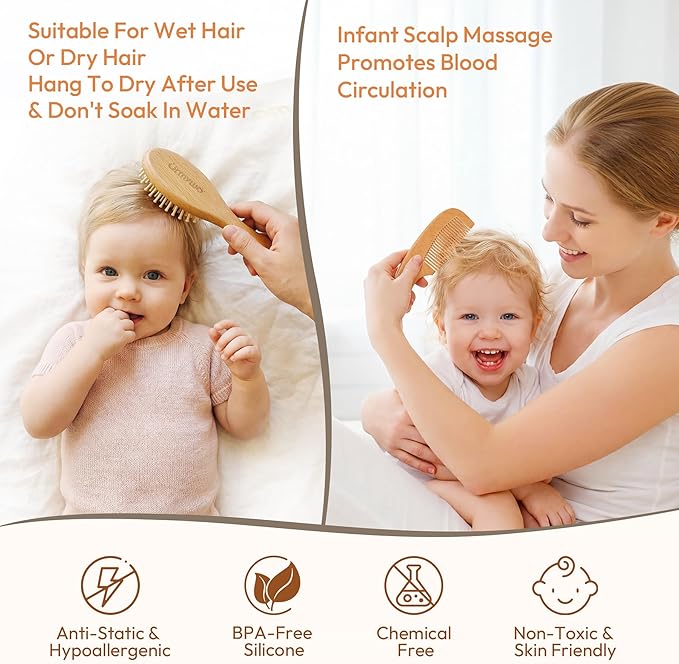 Baby Brush and Comb Set - 4 Piece Wooden Soft Bristle Hairbrush for Newborns, Baby Brush for Cradle Cap - Essentials Care Kit - Baby Shower Gift for Boys & Girls