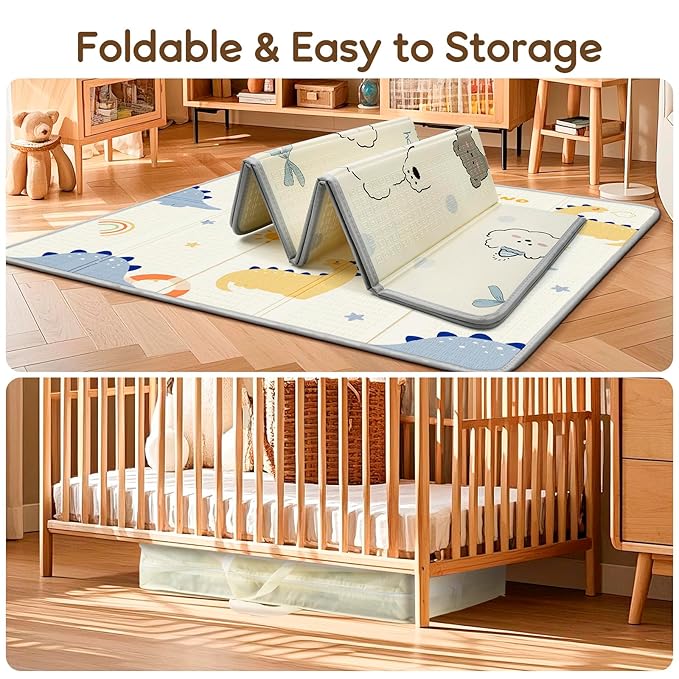 Foldable Baby Play Mat, PIGLOG 50" x 50" Waterproof Playmat for Playyards for Babies, Safe Foam Playmat for Tummy Time, Reversible Playmats, Portable Floor Mat for Infant, Toddler，Dinosaurs + Rainbow