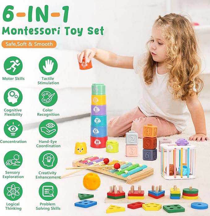 6 in 1 Montessori Baby Toys 6-12-18 Months Infant Sensory Developmental Toys Set, Toddler Gift Early Learning Baby Toys for 1 Year Old Boys Girls