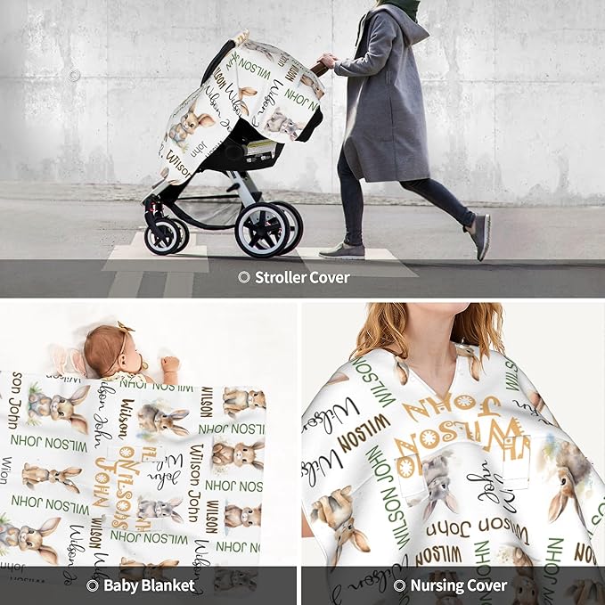 Personalized Winter Car Seat Covers for Babies with Name Rabbit Minky Baby Car Seat Cover for Boys Girls Custom Infant Carseat Covers Baby Blanket Nursing Cover Breastfeeding Scarf
