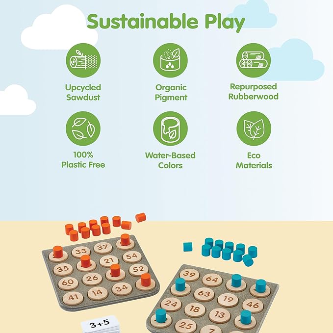 PlanToys® Wooden Math Bingo Game for Montessori Inspired Number Play | Early Math, Counting and Logical Thinking Activity | Eco Friendly Wooden Learning Game for Home or Classroom