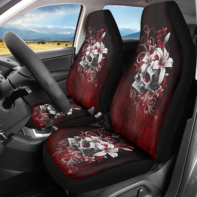 Skull Car Seat Covers for Front Seat Waterproof Car Seat Cover Protection Interior Accessories Easy to Install and Clean Universal for Cars Truck SUV Van