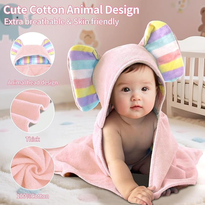 VOOVA & MOVAS Cute Elephant Ears Hooded Towel for Baby – 100% Cotton, 420GSM, Thick & Super Absorbent – 33" x 31.5", Pink – for 0–18 Months – Large Towel for Newborn, Toddler, Infant, Essential