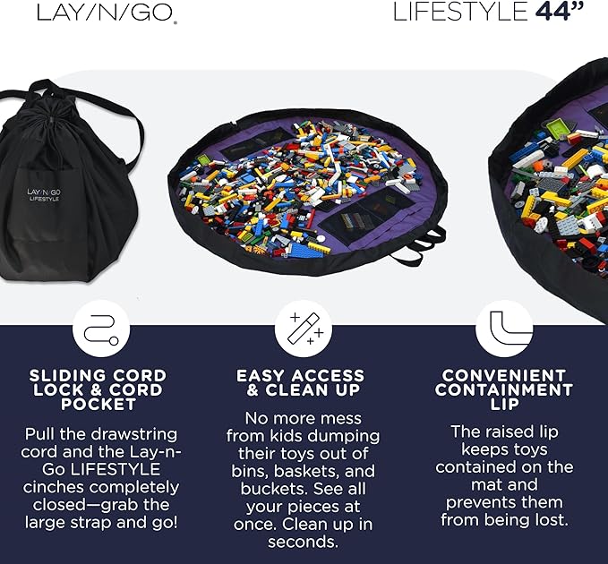 Lay-n-Go Layflat Portable Drawstring Cinch Storage Toy & Mini Figures Organizer & Play Mat, Mesh Pockets, Home & Travel, Kids & Toddlers Playdates, 2 Straps for Backpack, Durable, Machine Washable