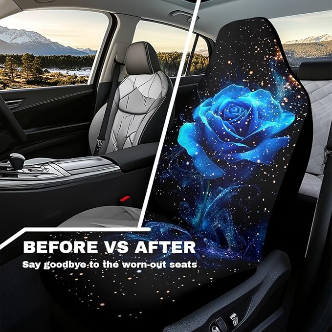 Blue Rose Car Front Seat Covers Waterproof Car Seat Cover for Front Seat Set of 2 Removable Automotive Accessories Elastic Fabrics Universal Fit Most Cars,SUV, Trucks