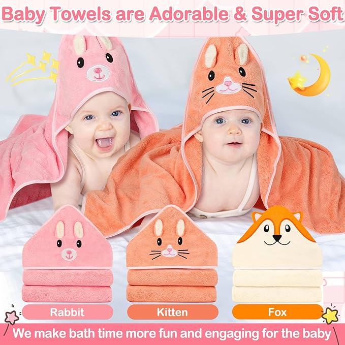 Sublaga 31x31 Inch Baby Hooded Towels, 12Pcs Baby Towels and Washcloths Set, Soft and Absorbent Baby Bath Towels, 3 PCS Cute 32x32 in Baby Towel with Hood and 9 Pcs Baby Washcloths for Boys and Girls