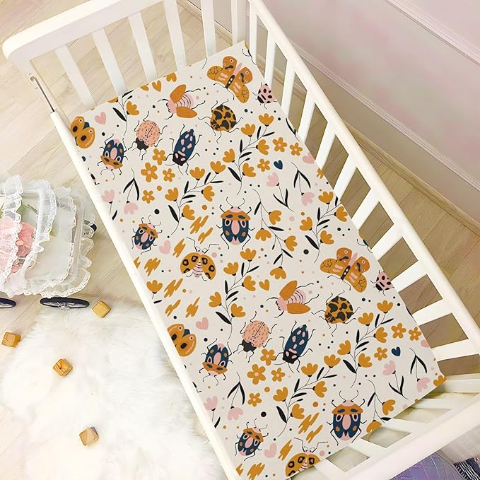 Insect Ladybug Beetles Fall Fitted Crib Sheets Stretchy Portable Playard Sheets for Baby Toddler, Breathable Soft Mini Crib Mattress 52 x 28 in for Boys and Girls