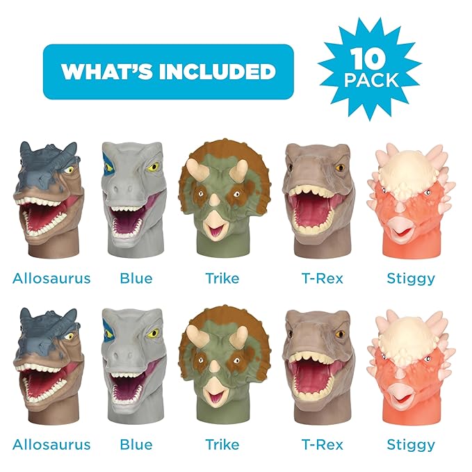NBC Universal Jurassic World Bath Finger Puppets, 10 Pc - Party Favors, Educational, Bath Toys, Story Time, Beach Toys, Playtime, Stocking Stuffer