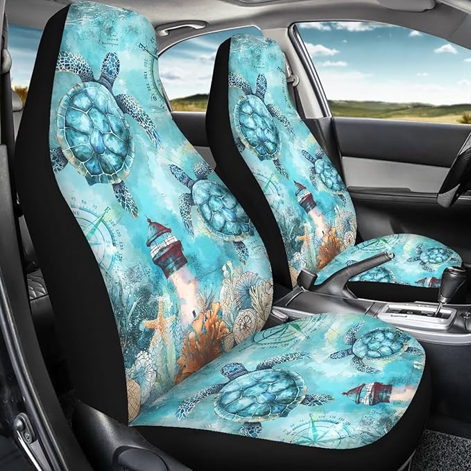 Blue Turtle Car Seat Covers Front Seats Anti-Slip Back Fabric Waterproof Car Seat Cover Easy to Install Stretch Polyester Fabric Cover Universal Fit for Most Vehicle