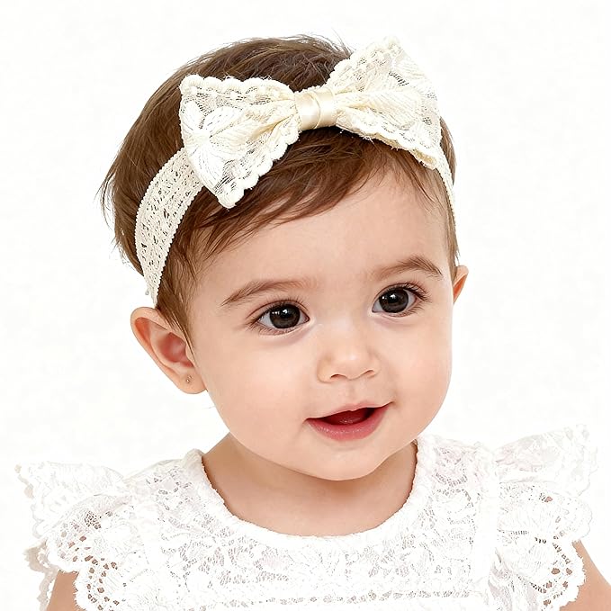 Baby Girls Bow Lace Headband Cute Soft Hairband White Butterfly Knot Headbands for Newborn Infants Toddlers Kids Christening Baptism Birthday Party Hair Accessories（Big flower bow）