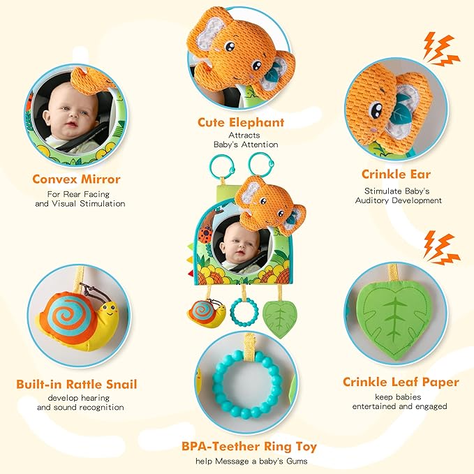 Lynncare Car Seat Toy, Baby Car Mirror Toy for Rear Facing, Travel Baby Activity Center with Hanging Engaging Toys for Infants Babies 0-6-12-18 Months Boy Girl