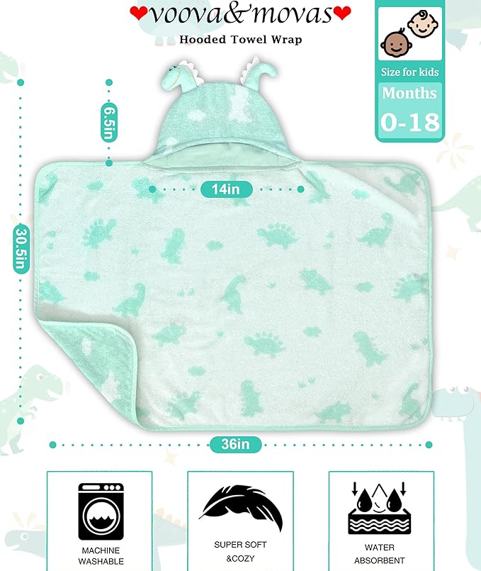 VOOVA & MOVAS Mint Dinosaur Baby Hooded Towel – 100% Cotton, 420GSM, Super Absorbent – 30.5" x 36", for 0–18 Months – Thick Large Bath Towel for Newborn, Infant, Toddler, Baby Essentials