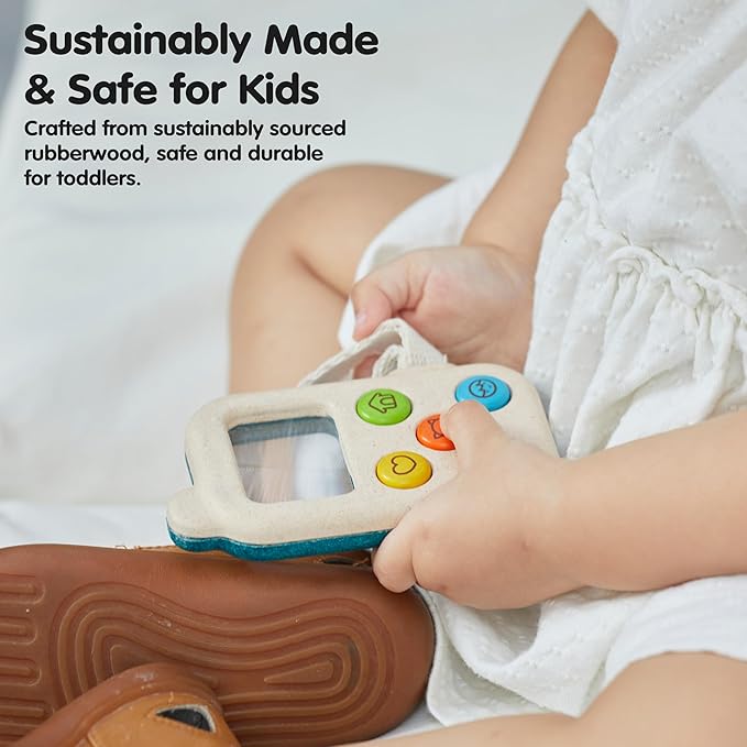 PlanToys® Wooden My First Phone Toy for Toddlers | Montessori Baby Sensory Toy with Magnifier Screen & Buttons | Pretend Play Cell Phone for Learning & Development
