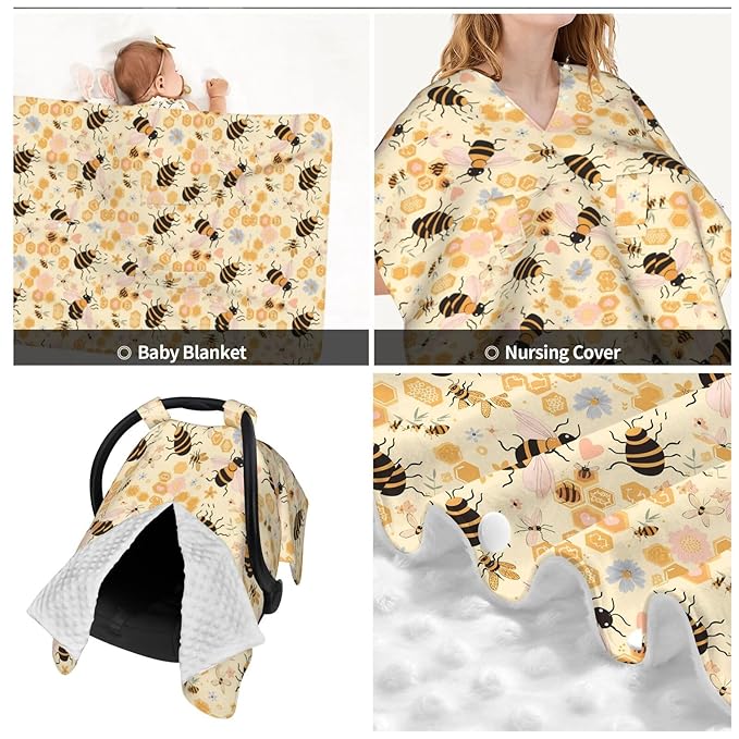 Sweet Honey Cute Bees Baby Car Seat Canopy Nursing for Breastfeeding Multi-Use Infant Stretchy Carrier Carseat Winter Cover for Newborn Girls Boys